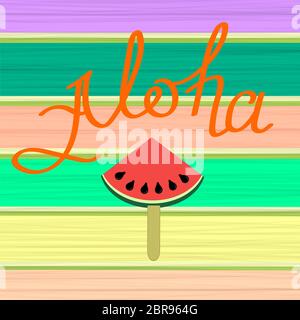 Schriftzug Vacation Text mit einem Teil Wassermelone auf bunten Holzplanken. Hand skizziert Aloha Typografie Zeichen für Abzeichen, Symbol, Banner, Tag, Illustrat Stockfoto