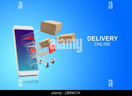 Schnelle Express-Lieferung Paket für Online-Shopping am Telefon, App-Service online ins Internet mit Smartphone, neue normale Geschäfts-und Lifestyle, shippin Stockfoto