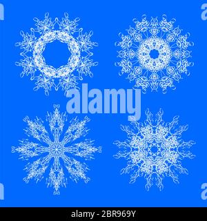 Satz von verschiedenen Winter weiße Schneeflocken isoliert auf Blau Backgground. Stockfoto