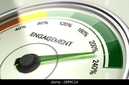 3D-Darstellung eines Manometer mit Nadel nach mehr als 200 Prozent. Unternehmen oder Employee Engagement Konzept Stockfoto