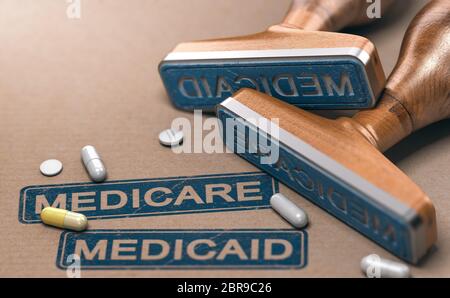 3D-Abbildung von zwei gummistempel mit den Worten Mercicare und Medicaid über Papier Hintergrund. Stockfoto