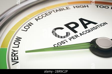 3D-Darstellung eines konzeptionellen Manometer mit der Nadel nach dem Text "Sehr niedrig". CPA, Kosten pro Akquisition Konzept. Stockfoto