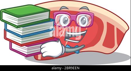 Ein fleißiger Student in Sirloin Maskottchen Design Konzept lesen viele Bücher Stock Vektor