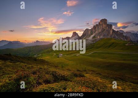 Sonnenuntergang im Sommer am Passo di Giau mit mount Ra Gusela auf Hintergrund und Rhododendren im Vordergrund, Colle Santa Lucia, Dolomiten, Italien Stockfoto