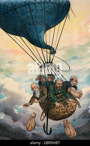 Ins Licht kommen - Abbildung zeigt vier Männer in dem Korb mit der Aufschrift "die Kirche" eines Heißluftballons mit der Aufschrift "Religion ohne Aberglauben", die Sandsäcke mit der Aufschrift "kein Museum, Blaue Gesetze, Bigotterie, Und keine Sonntagsauserbung', die als Ballast verwendet werden, damit sie höher steigen können, über dunklen Wolken, die Unwissenheit und Aberglauben beschriftet sind. Politischer Karikatur, 1901 Stockfoto