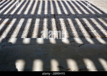 Extreme Begleitung in Form von Lattice Bildung auf eine Straße und ein Stück Bürgersteig, in starker Sonneneinstrahlung. Close-up in verschiedenen Schattierungen von Grau. Stockfoto