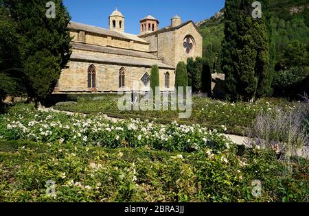 Kirche und Garten der Abtei Fontfroide ein ehemaliges Zisterzienserkloster in der Nähe von Narbonne.Aude.Occitanie.France Stockfoto