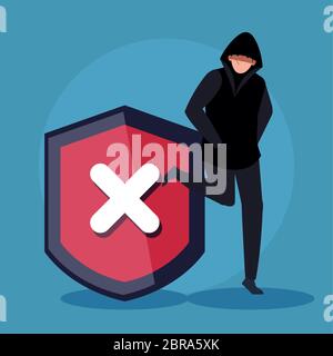 Hacker Person und Schild Symbol Stock Vektor