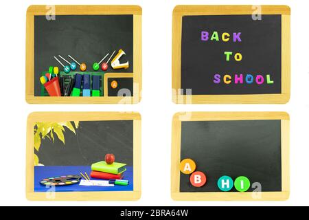 Zurück zum Konzept der Schule. Collage der Schule vier Tafeln mit Schulmaterial, bunte Buchstaben, Stifte, Bücher und andere schulmaterialien isol Stockfoto