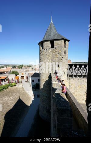 Besucher an der Mauer des Schlosses Comtal (Grafenschloss) in der befestigten Stadt Carcassonne.Aude.Occitanie.Frankreich Stockfoto