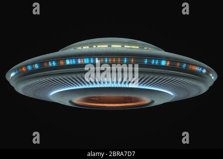 Unbekanntes Flugobjekt UFO mit Freistellungspfad enthalten. 3D-Darstellung. Stockfoto