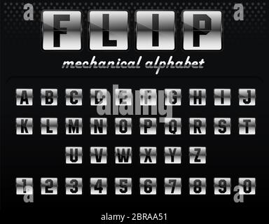 Flipchart Schriftart, mechanische Anzeige Design. Vektor flip Alphabet Abbildung auf schwarzem Hintergrund Stockfoto