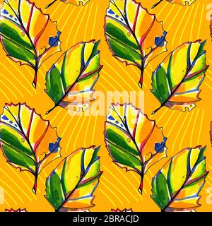 Nahtlose Muster mit Aquarell Blätter im Herbst. Von Hand bemalt Pastell gelb, orange und grün, die Farben der Grafik stilisierte Blätter orange hinterlegt Stockfoto
