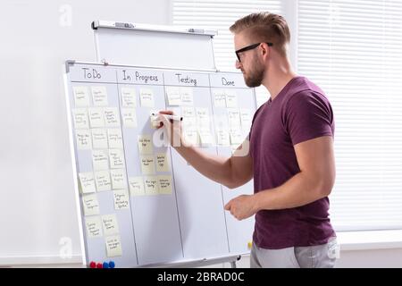 Seitenansicht der junge Geschäftsmann Schreiben auf Haftnotizen zu White Board In Office angeschlossen Stockfoto