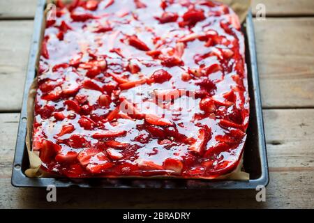 Biskuitkuchen mit Joghurt-Schicht, Erdbeeren und Gelee Stockfoto