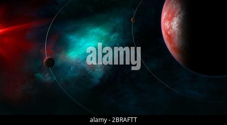 Himmelskunst, kleine Planeten, die um einen großen Planeten kreisen. Sterne und Galaxien im Weltraum zeigen die Schönheit der Raumfahrt. Planet Textur Fell Stockfoto
