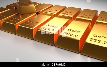 Gestapelte Gold Bars auf einem hellen Hintergrund, 3D-Rendering, Finanzkonzept Stockfoto