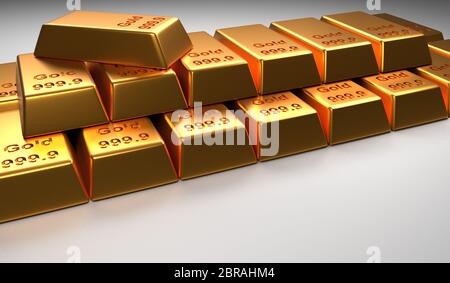 Gestapelte Gold Bars auf einem hellen Hintergrund, 3D-Rendering, Finanzkonzept Stockfoto