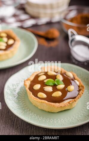 Schokolade Tartalets mit Nüssen, Zucker und Kakao Stockfoto