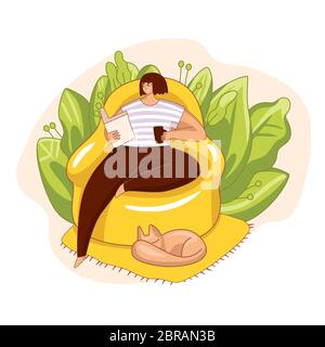 Mädchen sitzt im Sessel, liest ein Buch, trinkt einen Kaffee mit Katze laut. Gemütliche Vektor-Illustration des Lesens Frau in einem Stuhl, Zeit für Stock Vektor