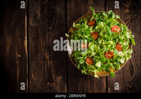 Feldsalat Salat, Tomaten und Kräutern, Essen Fotografie Stockfoto