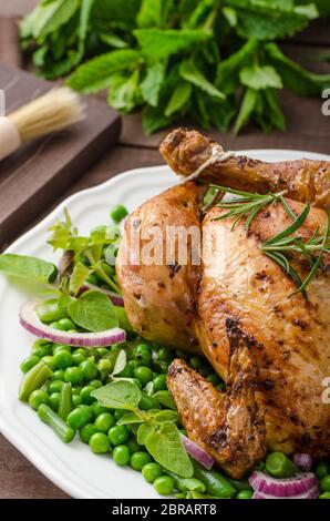 Gegrilltes Bio Bio Huhn, Bratkartoffeln, mit Frühling Gemüse und Kräutern, mit Bier Stockfoto