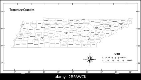 Tennessee State Umriss administrative und politische Vektor-Karte in schwarz und weiß Stock Vektor