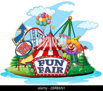 Szene mit Clown in der Fun-Messe auf weißem Hintergrund Illustration Stock Vektor