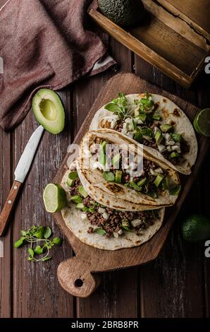 Hausgemachte Hackfleisch Tortilla, frischen Avocado und mozarella Käse delish Essen einfach Kochen, frische ingredience Stockfoto