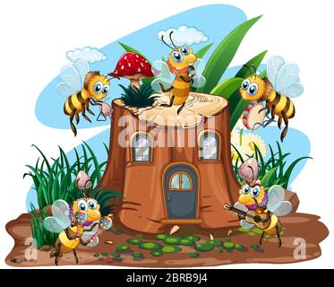 Szene mit Bienen fliegen um das Blockhaus in der Gartenillustration Stock Vektor