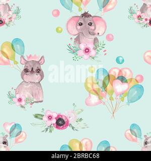 Nahtlose Muster von niedlichen Baby Tiere mit Luftballons Blumen auf einem blauen Hintergrund. Kinder-Print Elefant, Rhino, Hippo Geburtstagsfeier Stockfoto