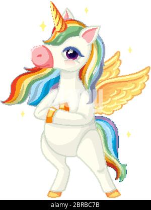Niedlichen Regenbogen Einhorn in stehender Position auf weißem Hintergrund Illustration Stock Vektor