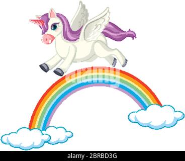 Niedliche lila Einhorn in fliegen auf Regenbogen Position auf weißem Hintergrund Illustration Stock Vektor