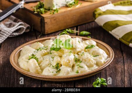 Käse Gnocchi mit Blue Cheese Sauce und galic, Kräuter, delish Essen Stockfoto