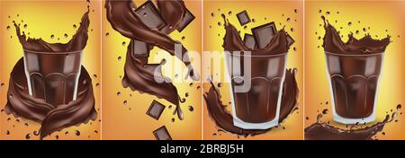 3D realistische Schokolade Splash in das transparente Glas mit Stücken Schokolade. Spritzt dunkle Schokolade. Heiße Schokolade, Kakao, Cocktail oder Kaffee. Banner.Illustration für Design-Label Stockfoto