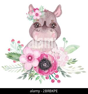 Niedliches Nashorn in einem Blumenkranz. Poster für Kinderzimmer, Babydusche, Wandkunst. Botanische Anordnung Stockfoto