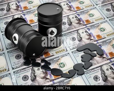 Ölfässer auf Dollar Hintergrund. Konzept der steigenden Ölpreise. 3D-Darstellung. Stockfoto
