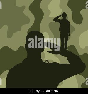 Soldat Salutieren Silhouette in Tarnung Hintergrund Stock Vektor