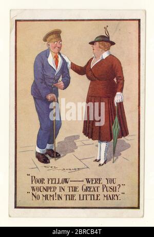 Original Comic-Postkarte aus der Zeit WW1 mit einem verwundeten Soldaten, der im Magen verletzt wurde, datiert vom 17. August 1917, Großbritannien Stockfoto