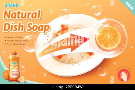 3d-Illustration effektive Schale Seife Anzeigen mit natürlicher Formel, Orange in Blase wischt die Fettflecken auf Platte Stock Vektor