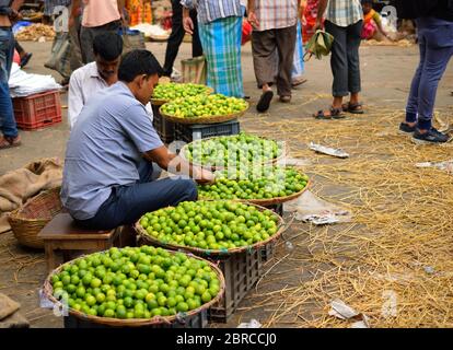 Ein Straßenhändler, der Zitrone auf dem Markt verkauft. Stockfoto
