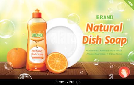 3d-Abbildung natürliche Schale Seife Anzeigen, Produkt und die weiße saubere Platte Platzierung auf Holztisch, Bokeh grünen Natur Hintergrund Stock Vektor
