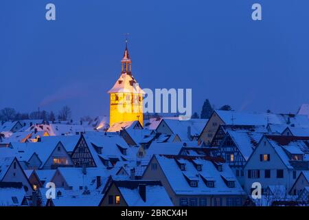 Blick über die Dächer der Altstadt mit Kirchturm, Marbach am Neckar, Baden-Württemberg, Deutschland Stockfoto