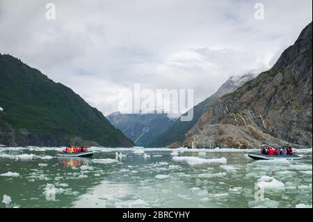 Eisberge, die vom South Sawyer Glacier gekalbt wurden, gleiten den malerischen Tracy Arm Fjord, Südost-Alaska, USA, vorbei an abenteuerlichen Touristen auf Skiff-Booten von einem SM Stockfoto