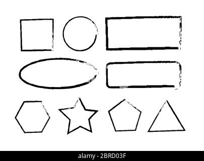 Rahmen gesetzt, Hand zeichnen Pinsellinien. Geometrische lineare Formen. Schwarze Linien mit Kreide und Kratzern. Isolierte Vektor einfache Formen auf weißem Hintergrund Stock Vektor