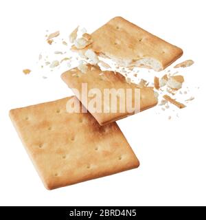 Gebrochene Cracker oder Kekse auf weiß isoliert Stockfoto