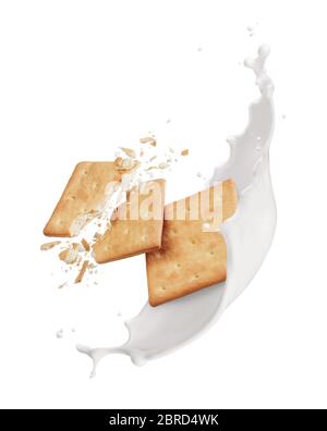 Gebrochene Cracker mit Milchspritzer auf weiß isoliert Stockfoto