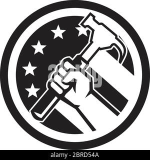 Schwarz-Weiß Illustration eines amerikanischen Zimmermanns oder Handwerkers Hand hält einen Hammer von der Seite gesehen im Kreis mit USA-Stars und stri Stock Vektor