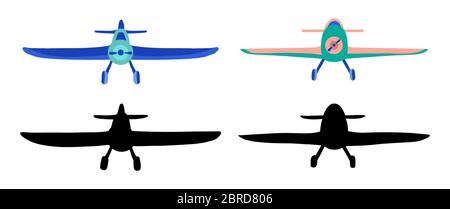Set farbige und schwarze Silhouette Flugzeug in Doodle-Stil isoliert auf weißem Hintergrund. Satz von landwirtschaftlichen Flugzeugen Vektor-Gliederungssymbole für Kinder pla Stock Vektor