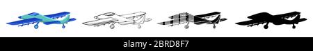 Setzen Flugzeug in Hand gezeichnetes Doodle und Cartoon-Stil isoliert auf weißem Hintergrund. Satz von landwirtschaftlichen Flugzeugen Vektor Kontur, Silhouette und farbig Stock Vektor